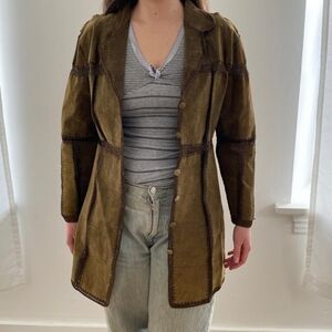 Vintage Olive Suede Leather And Crochet Jacket